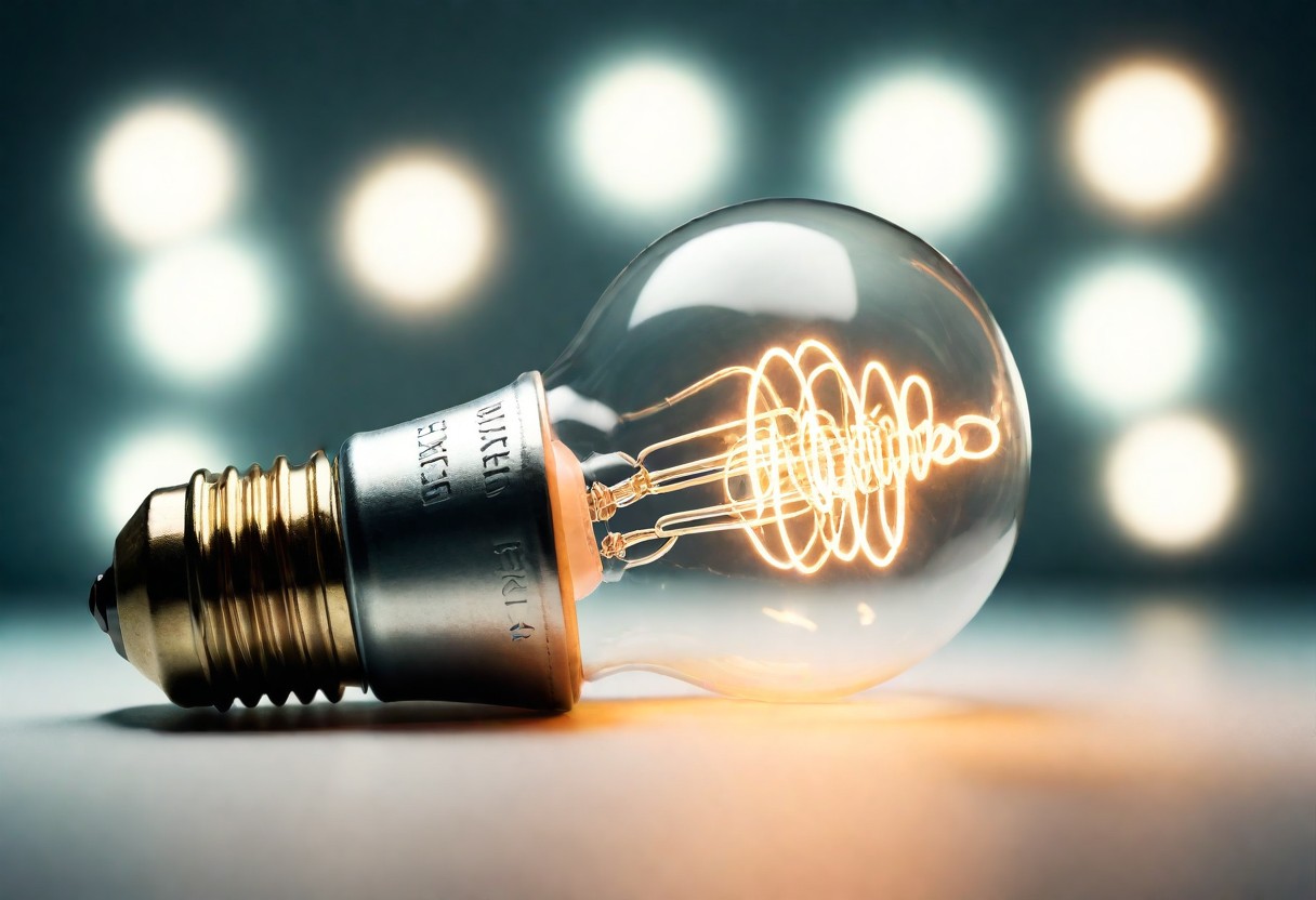 A light bulb with a glowing swirl filament sitting on a desk in front of a blurred background.